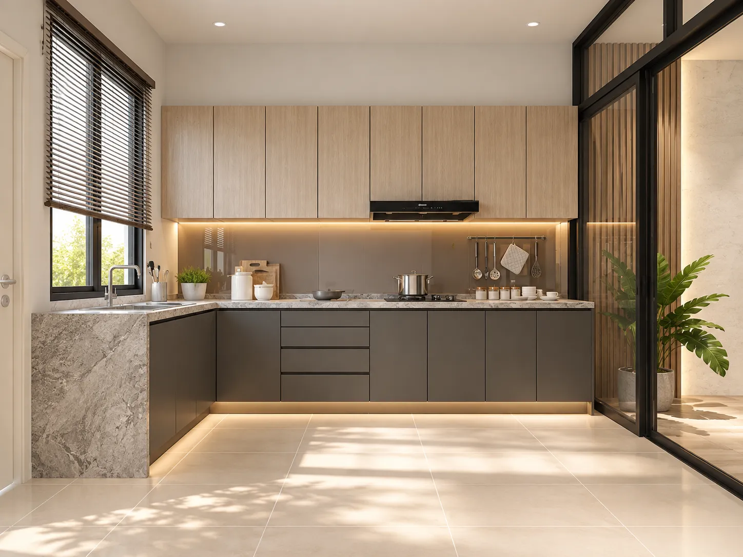 Kitchen with dark cabinetry and large windows